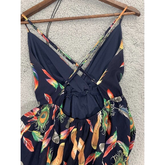 I Joah (S) Blue Colorful Feather Print Lined Adjustable Spaghetti Strap Dress - Picture 4 of 12